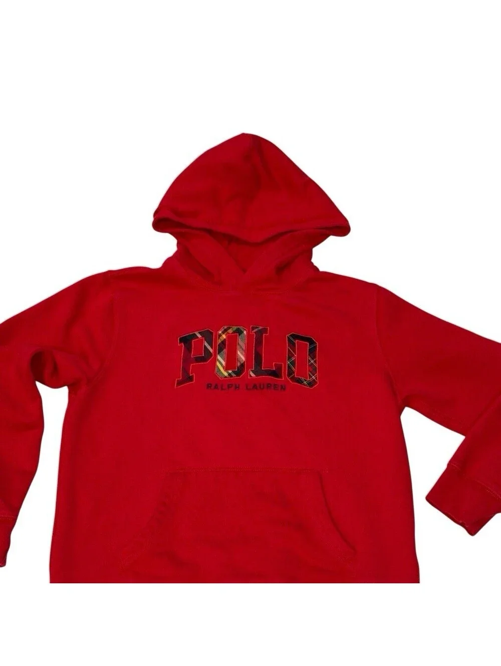 Polo Ralph Lauren Youth Boys L 14 Red Pullover Hoodie Logo Fleece Preppy Plaid
